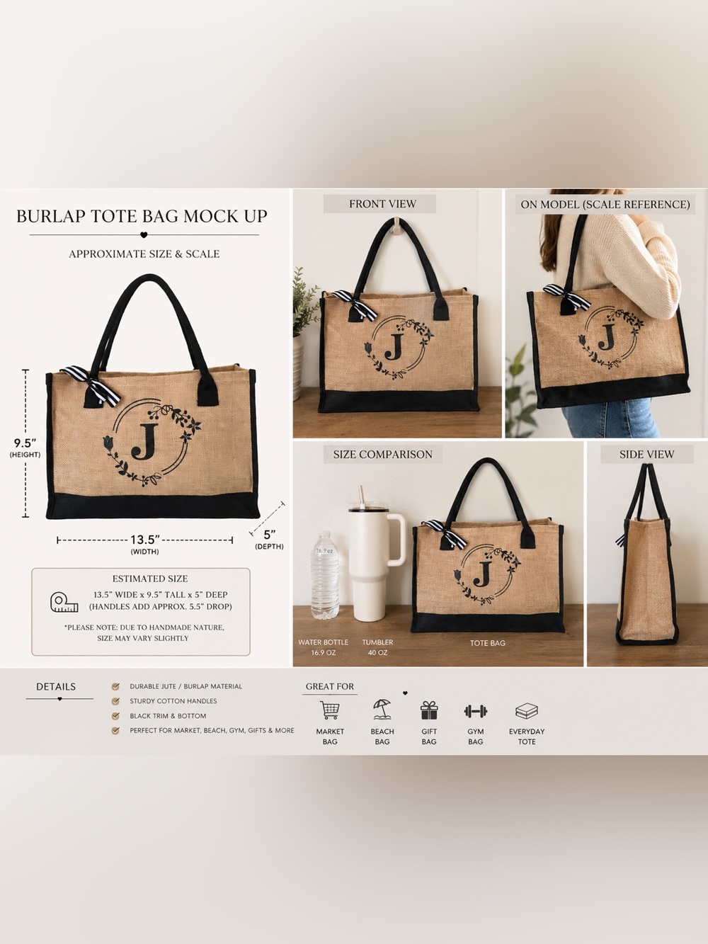 Amazon Essentials Natural Burlap Tote with Black Trim and Initial J